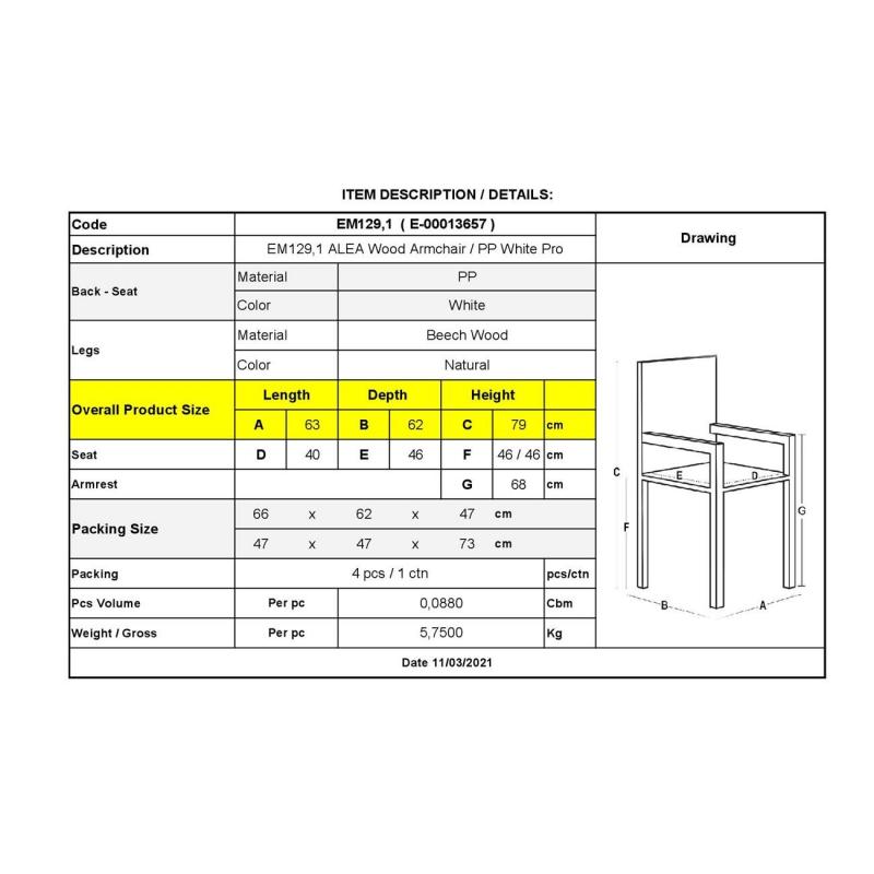 ALEA Wood Πολυθρόνα Τραπεζαρίας Ξύλο, PP Άσπρο