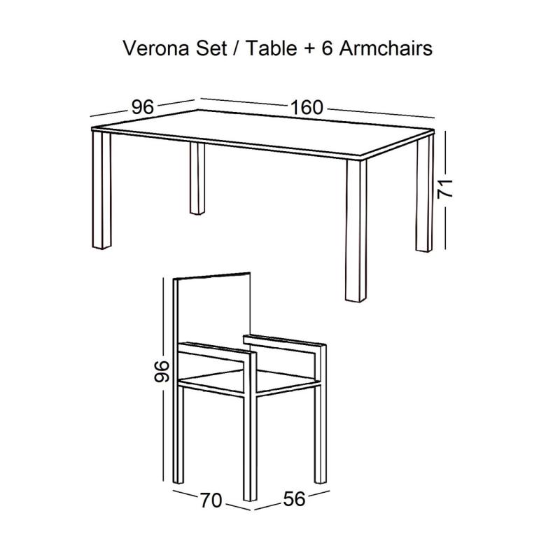 VERONA Set Τραπεζαρία Κήπου: Μέταλλο - Textilene Ανθρακί, :Τραπέζι 160x96 + 6 Πολυθρόνες