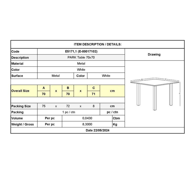 PARK Τραπέζι Μέταλλο Βαφή Άσπρο