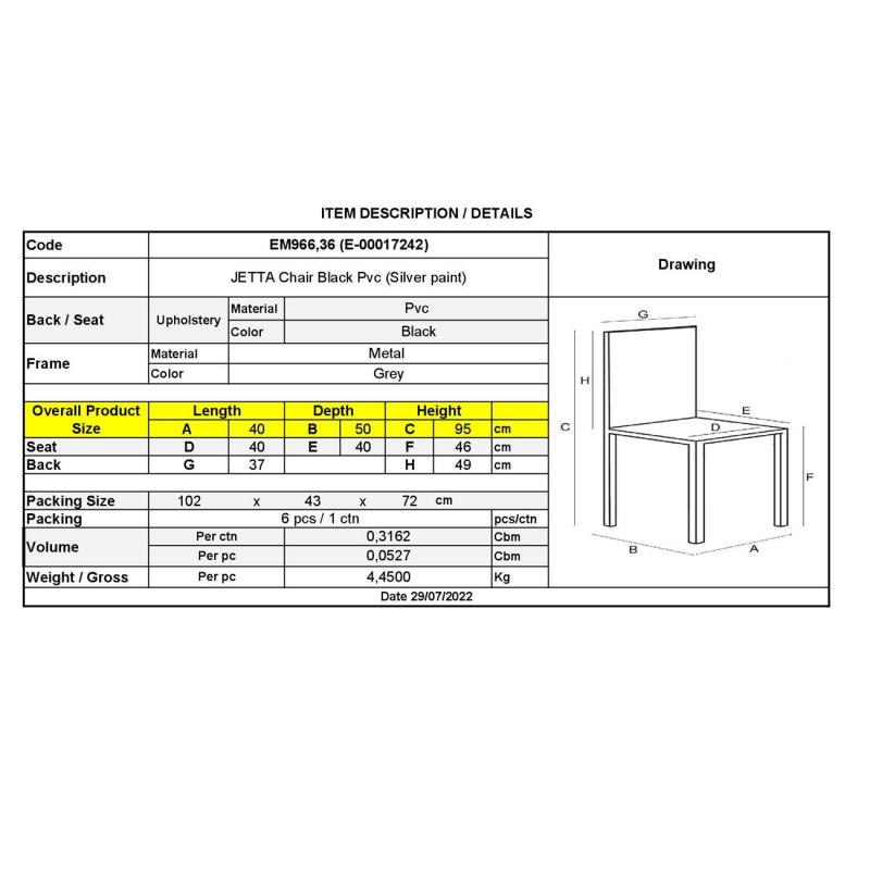 JETTA Καρέκλα Τραπεζαρίας Κουζίνας, Μέταλλο Βαφή Γκρι, Pvc Μαύρο ( Συσκ.6 )