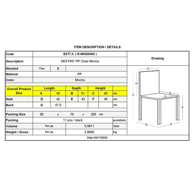 DESTINY Καρέκλα Πολυπροπυλένιο (PP), Απόχρωση Καφέ Mocha, Στοιβαζόμενη