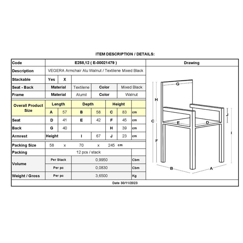 VEGERA Πολυθρόνα Dining Αλουμίνιο Βαφή Καρυδί Textilene Μαύρο, Στοιβαζόμενη