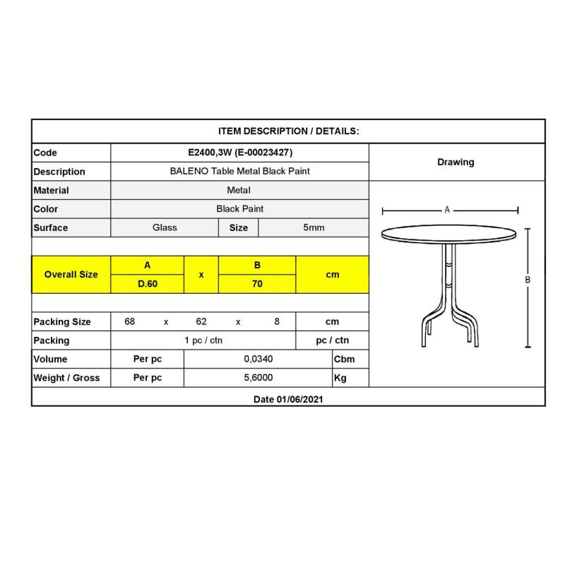 BALENO Τραπέζι Κήπου - Βεράντας, Μέταλλο Βαφή Μαύρο, Γυαλί Tempered