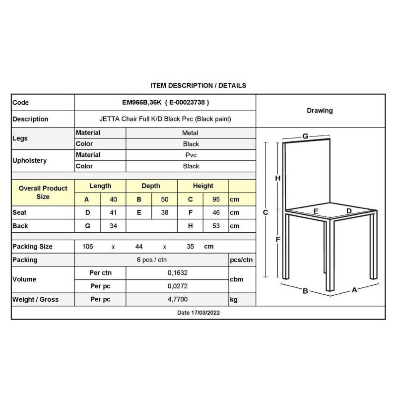 JETTA Καρέκλα Τραπεζαρίας - Κουζίνας, Μέταλλο Βαφή Μαύρο, Pvc Μαύρο, Full K/D - Συσκ.6