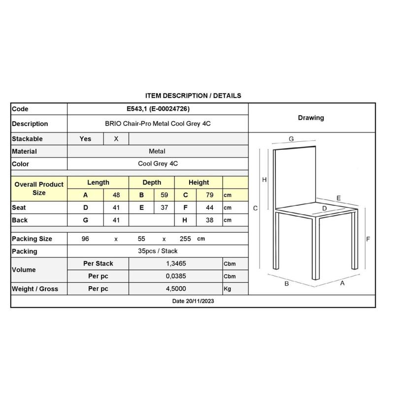 BRIO Καρέκλα-Pro Στοιβαζόμενη Μέταλλο Βαφή Cool Grey 4C