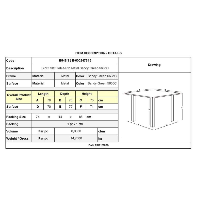 BRIO Slat Τραπέζι-Pro Κήπου - Βεράντας, Μέταλλο Βαφή Sandy Green 5635C