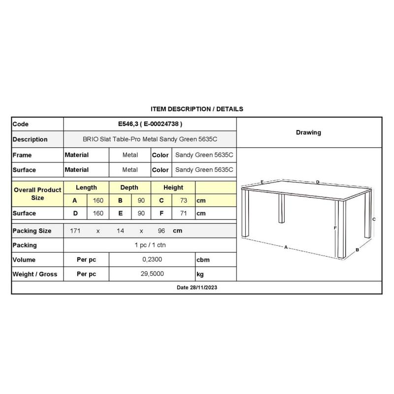 BRIO Slat Τραπέζι-Pro Κήπου - Βεράντας, Μέταλλο Βαφή Sandy Green 5635C