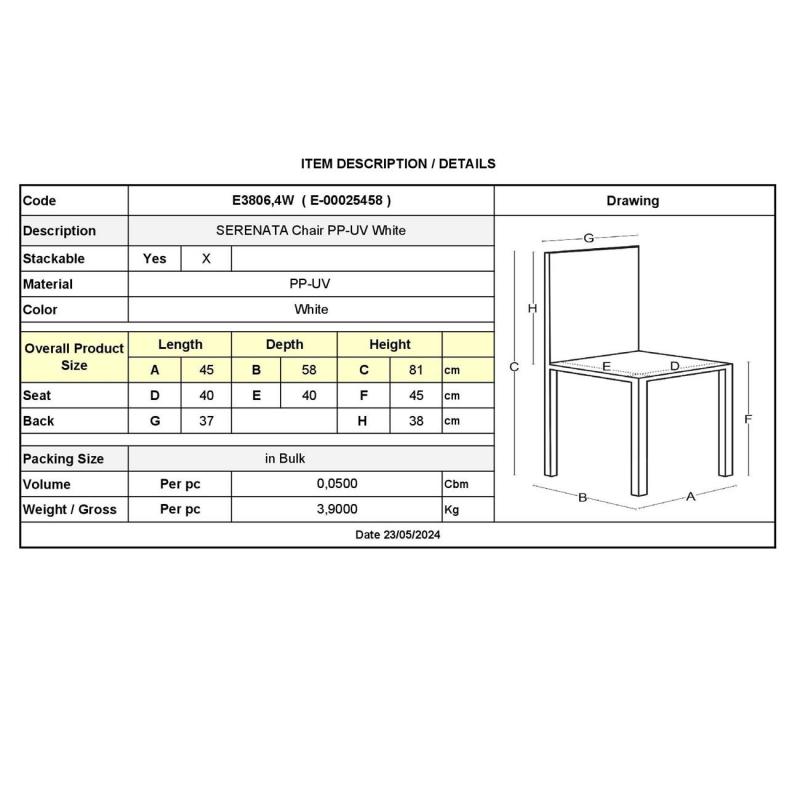 SERENATA Καρέκλα, Στοιβαζόμενη PP - UV Άσπρο