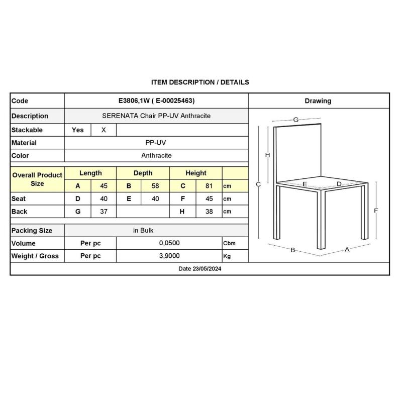 SERENATA Καρέκλα, Στοιβαζόμενη PP - UV Ανθρακί