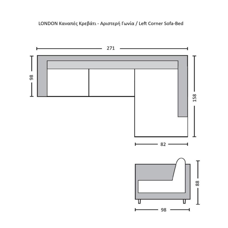 LONDON Καναπές - Κρεβάτι Αριστερή Γωνία, Ύφασμα Ανθρακί