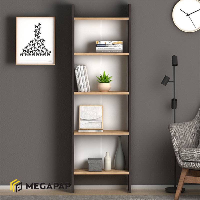 Βιβλιοθήκη μελαμίνης Flora Megapap χρώμα industrial grey - oak 52x25x158εκ.