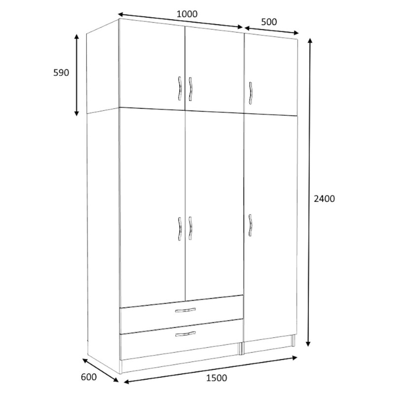 Ντουλάπα ρούχων Victoria Megapap τρίφυλλη με πατάρι και συρτάρια χρώμα καρυδί 150x60x240εκ.
