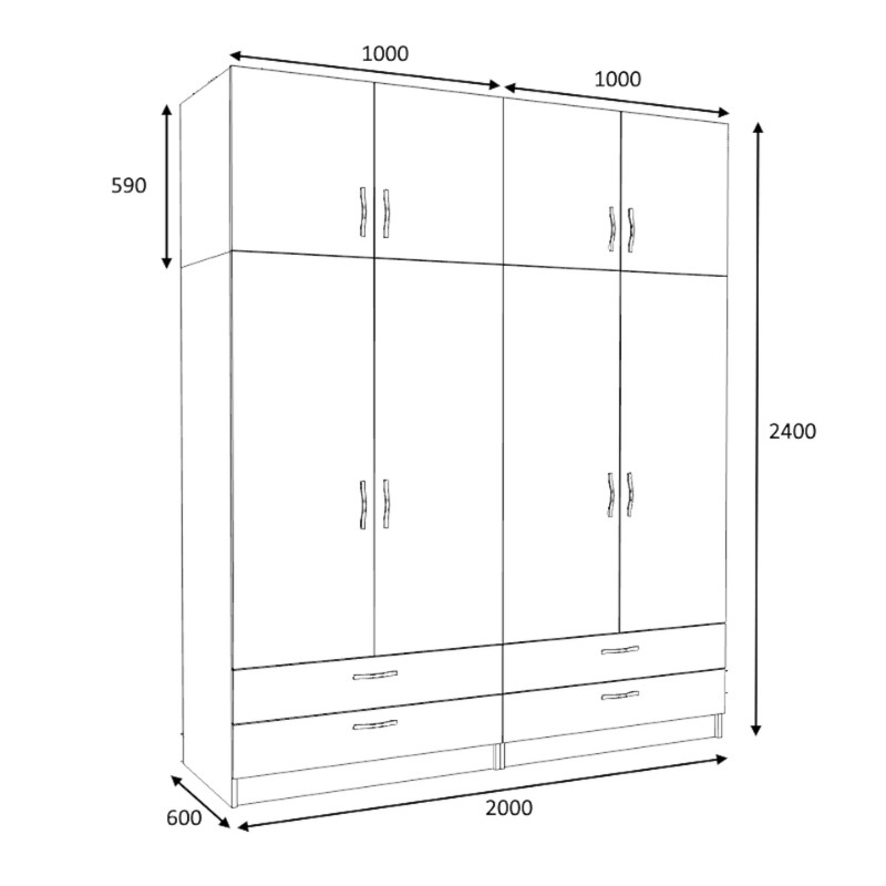 Ντουλάπα ρούχων Victoria Megapap τετράφυλλη με πατάρι και συρτάρια χρώμα καρυδί 200x60x240εκ.