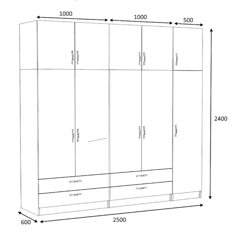 Ντουλάπα ρούχων Victoria Megapap πεντάφυλλη με πατάρι και συρτάρια χρώμα καρυδί 250x60x240εκ.