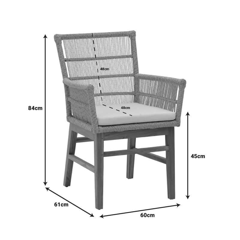 Πολυθρόνα Inca pakoworld  teak ξύλο και pe σχοινί σε φυσική-μπεζ απόχρωση με μαξιλάρι 60x61x90εκ