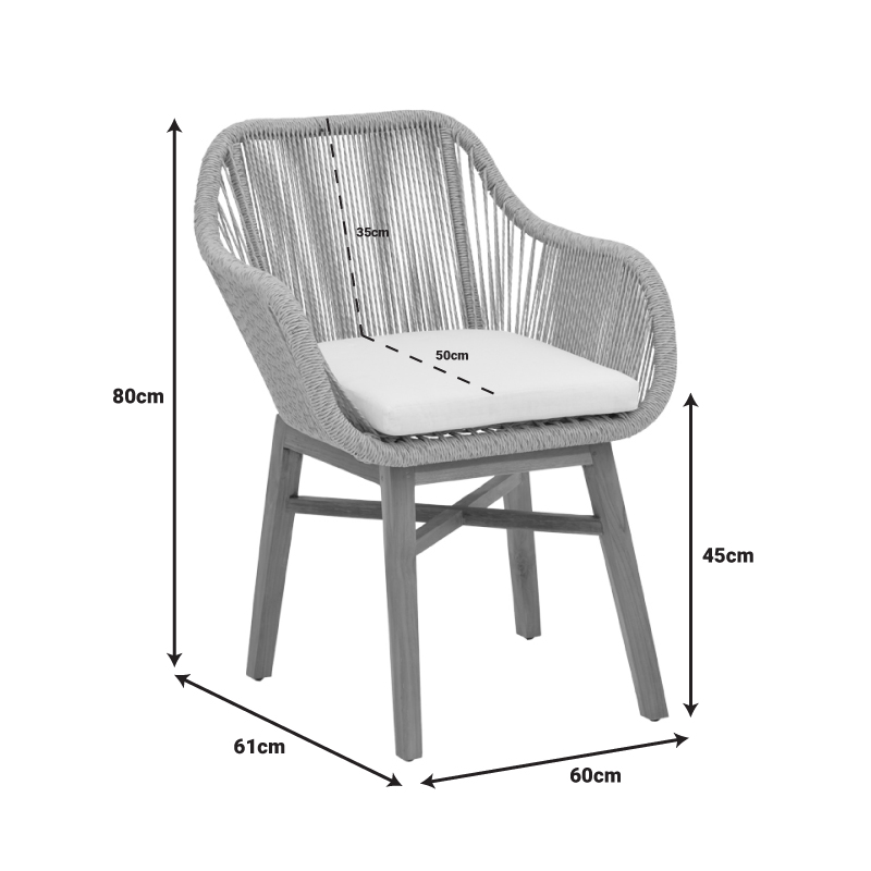 Πολυθρόνα Kalie pakoworld teak ξύλο και pe σχοινί σε φυσική-μπεζ απόχρωση με μαξιλάρι 60x61x80εκ